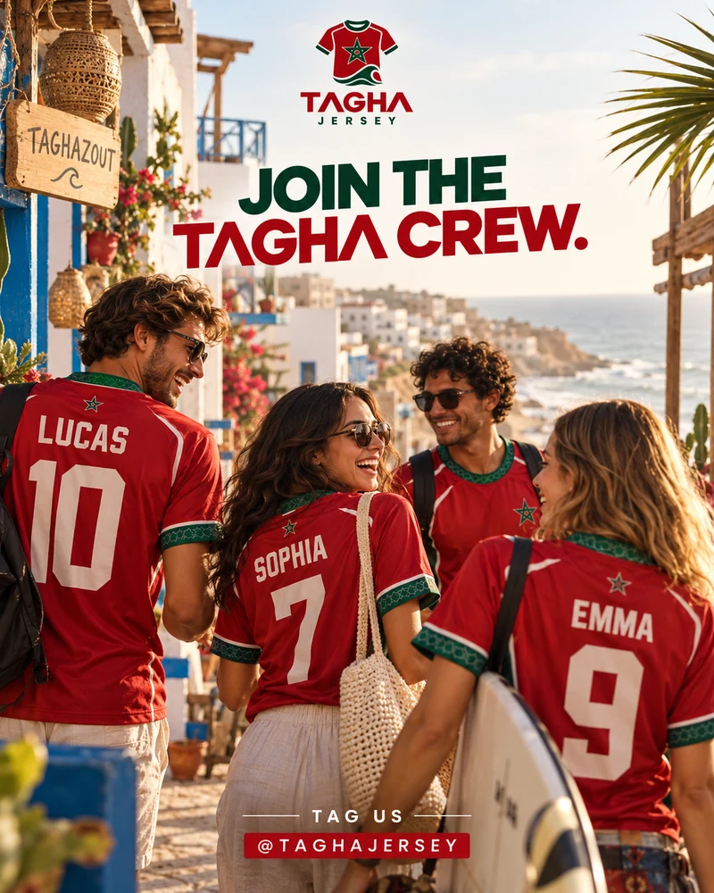 Join the TAGHA crew — friends wearing personalized Morocco jerseys in Taghazout.