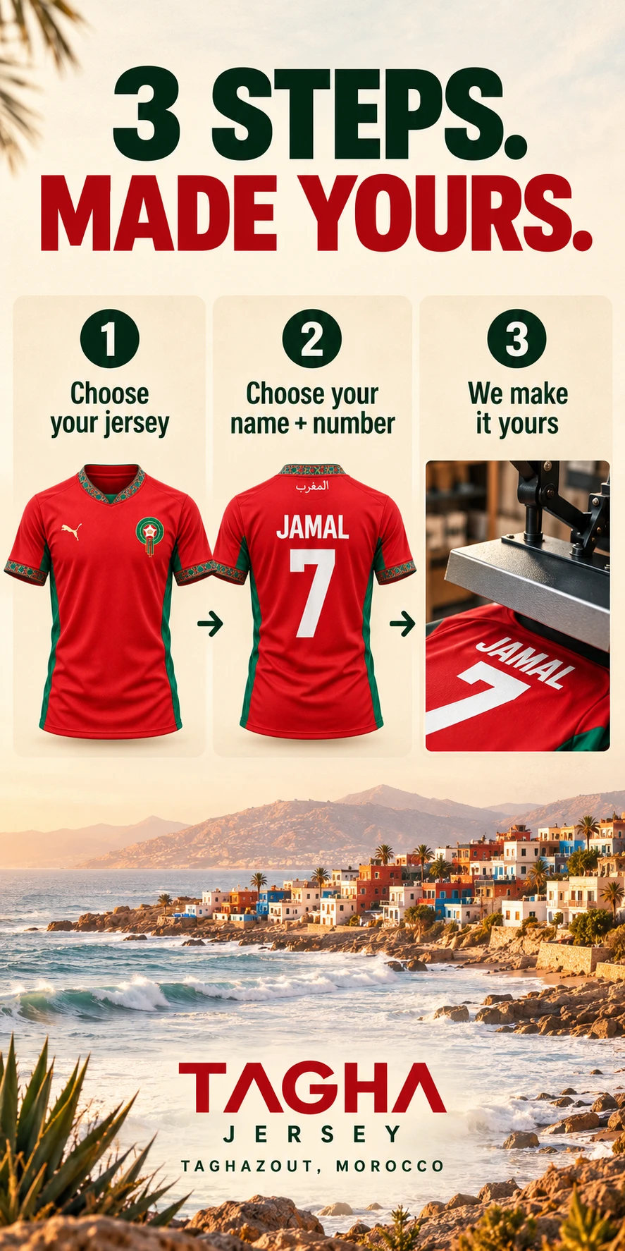 TAGHA JERSEY personalization poster: choose the red Morocco jersey, add your name and number, then confirm your print. Taghazout coast in the background.